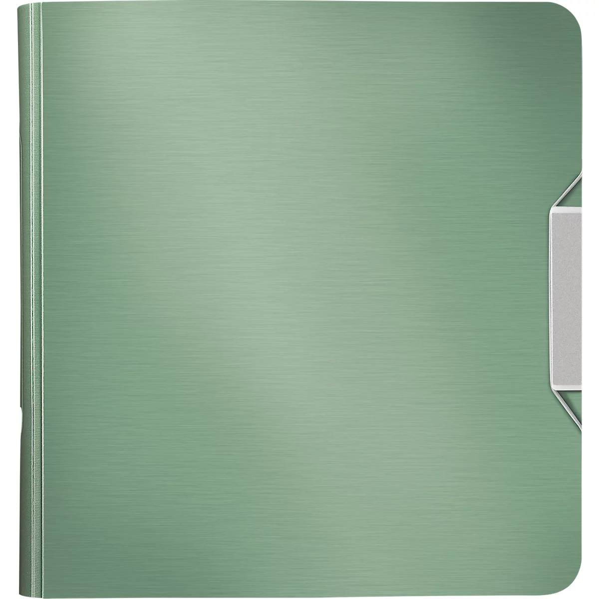 Light green folder with metallic clasp. Horizontal fine line structures cover the surface.