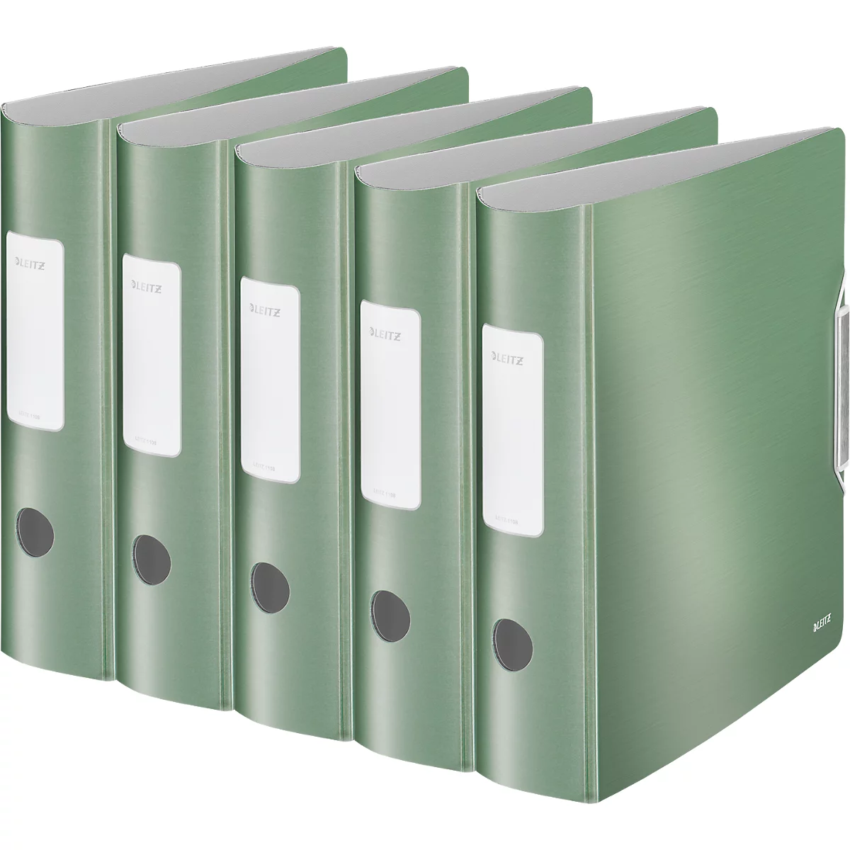 Five green binders stand next to each other. Each has a white label with the lettering "Leitz". The binders have a metal edge.