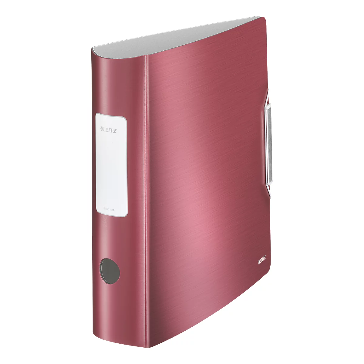 Red binder with smooth surface. On the left side is a white label and a grey button.