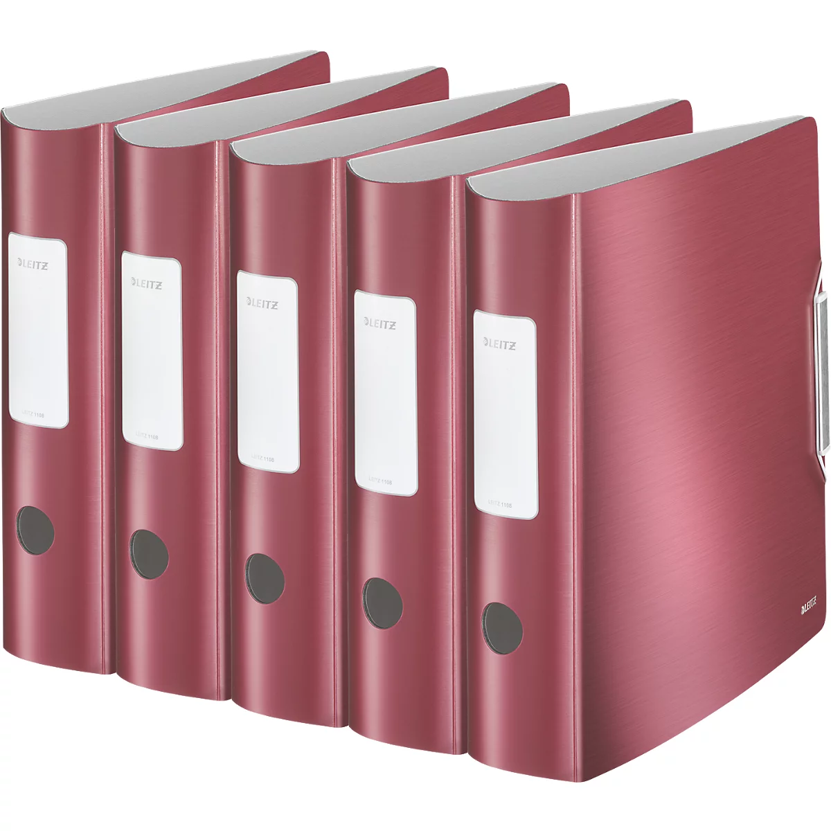 Five red lever arch files with white labels. The word 'Leitz' is visible.