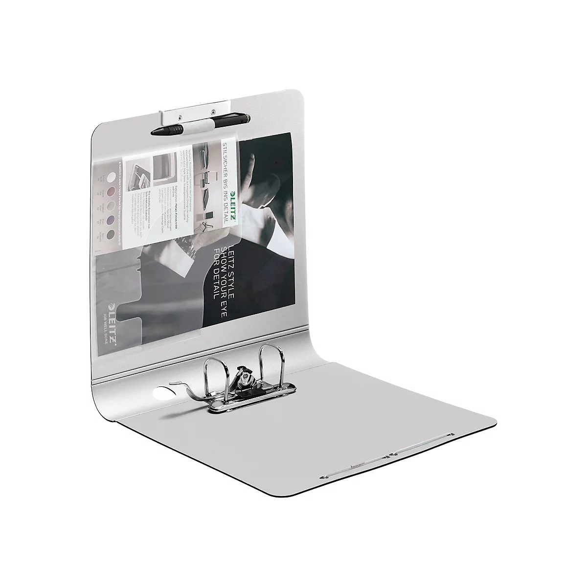Open silver file folder with brochure, pen and rings, with the Leitz brand.