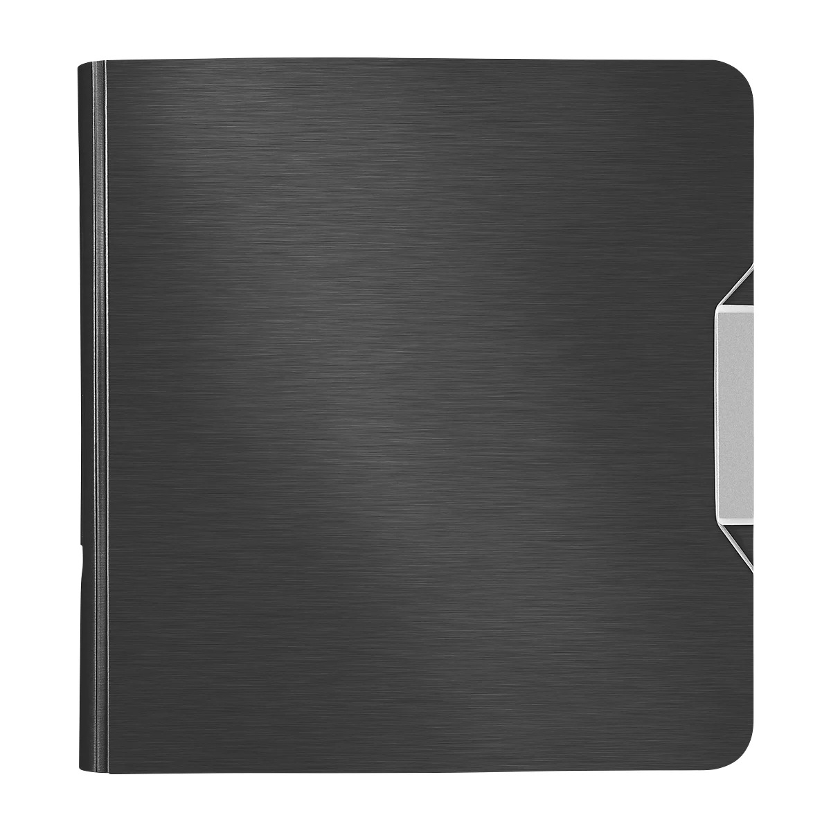 Black notebook with metal clasp. The surface is brushed.