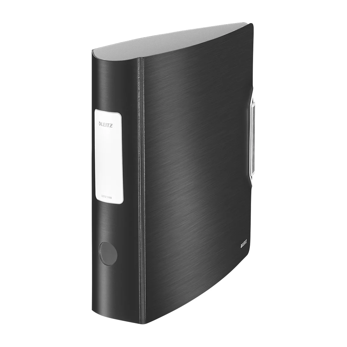 Black, portrait-oriented binder with metal look. White label with Leitz logo, ring mechanism.
