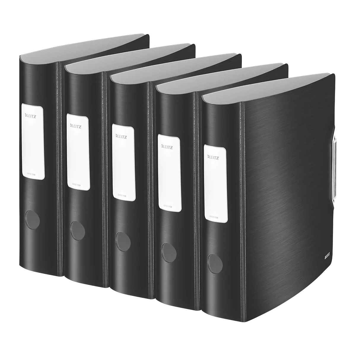 Five black file folders stand side by side. Each has a white label and a round opening.