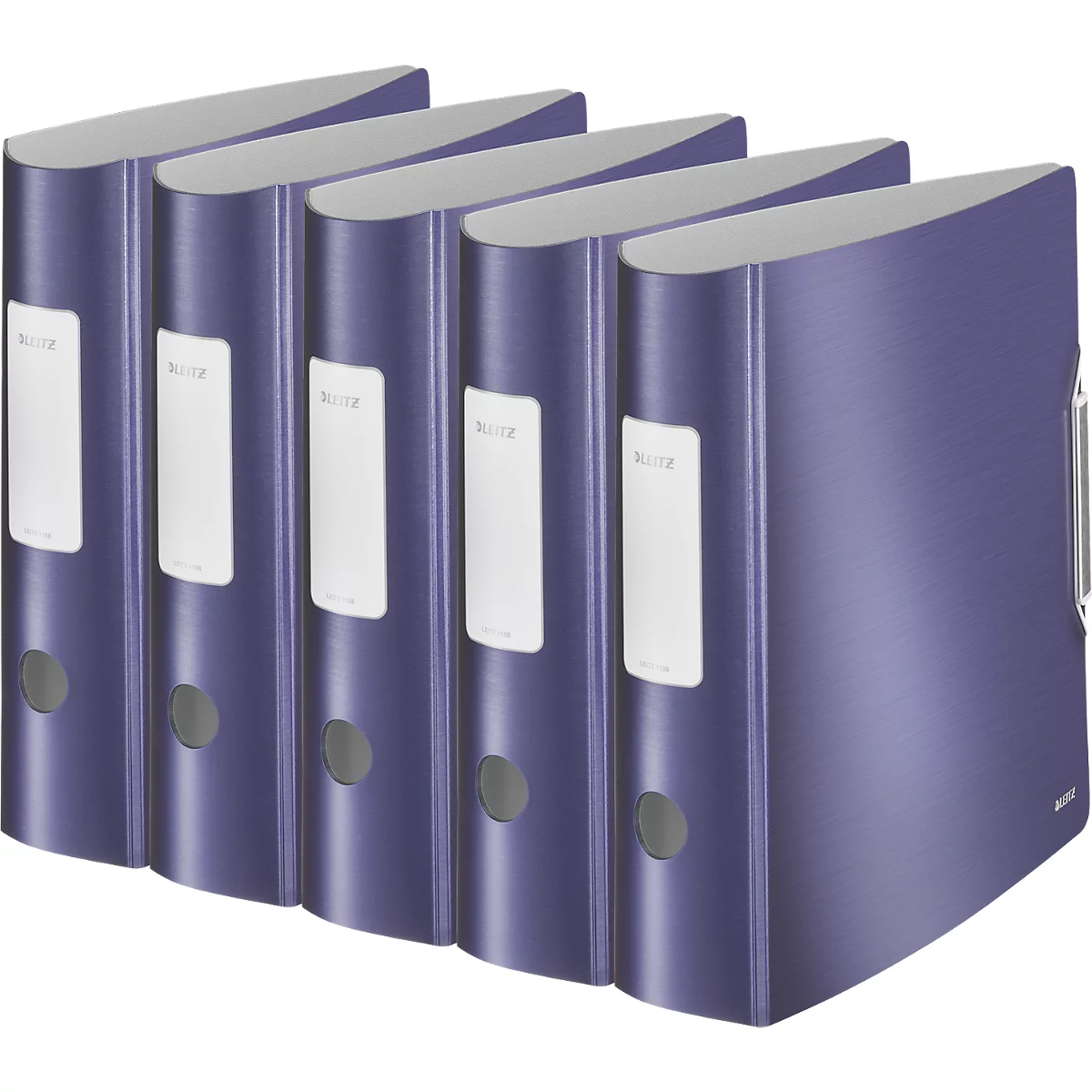 Five blue binders next to each other, with white labels and the "LEITZ" logo.