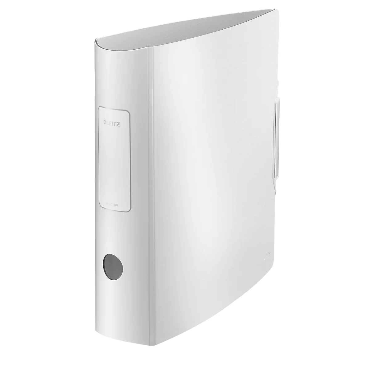 White file folder, slightly tilted, with logo and round hole. It has rounded edges and a slanted top edge.