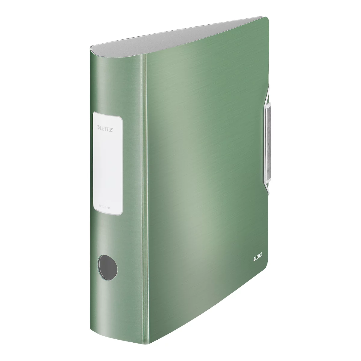 Green file folder with white label and brand name. Metal handle on the right. Dark button on the left.