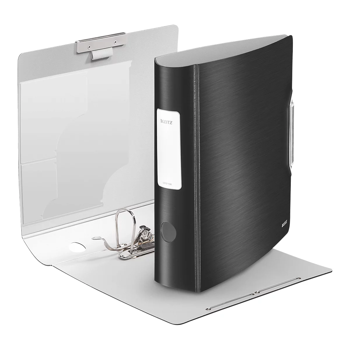 A black file folder stands on an open, light gray folder. The file folder has a white sticker with text.