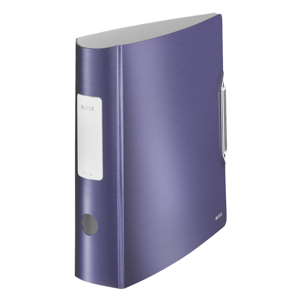 Blue binder with white label. A silver metal bracket on the side.