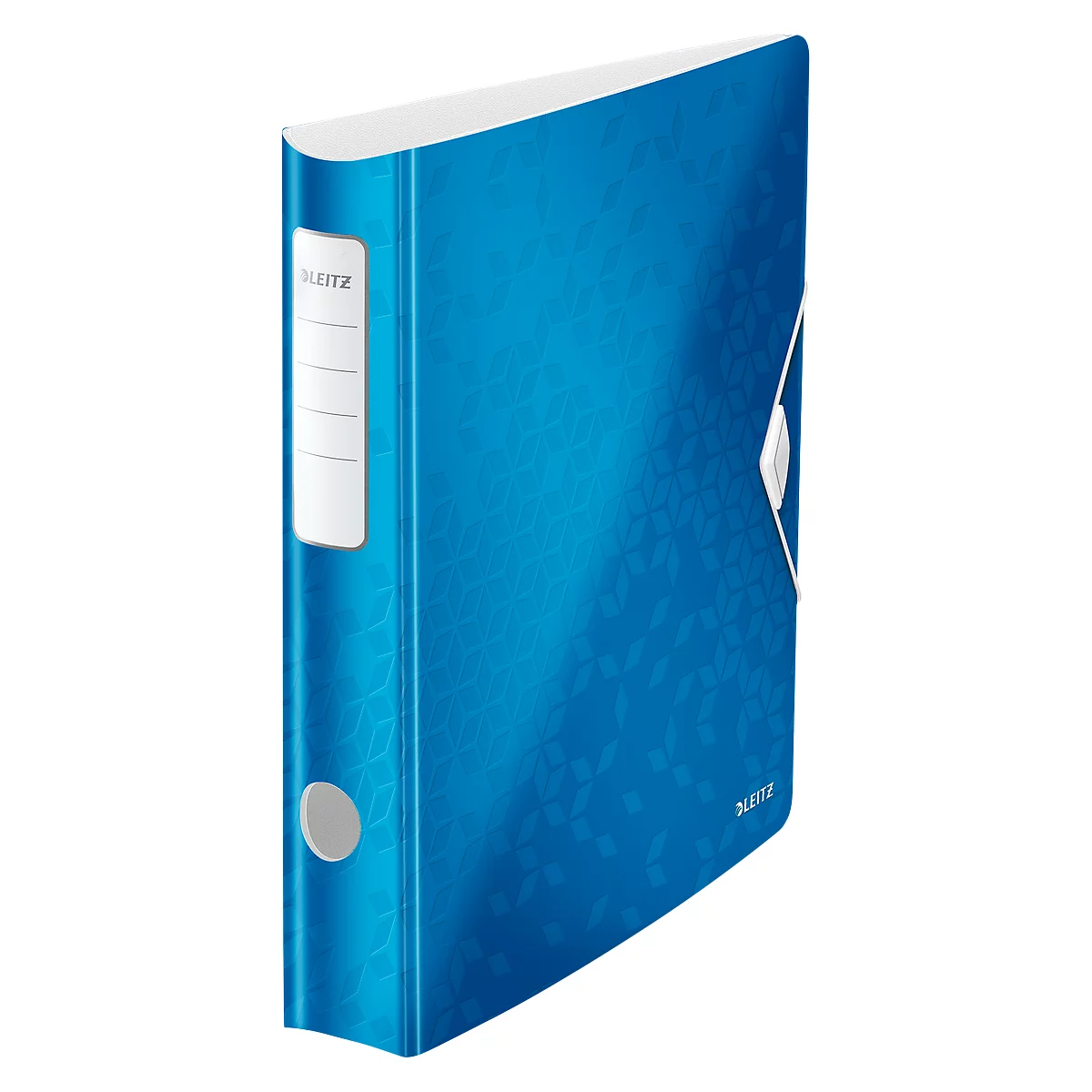 Blue Leitz binder with embossed floral pattern and white label. "LEITZ" is written on the spine.