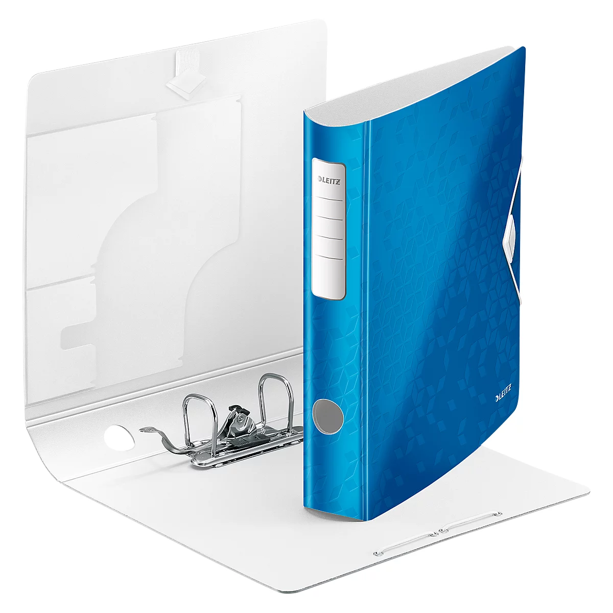 Blue file folder standing open. The inside is white with a pocket. The folder has a white label for labeling.