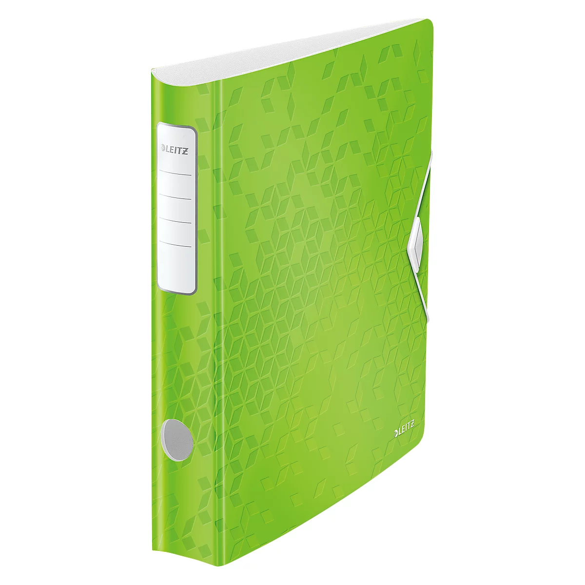 Green folder with geometric pattern, white label, clasp.