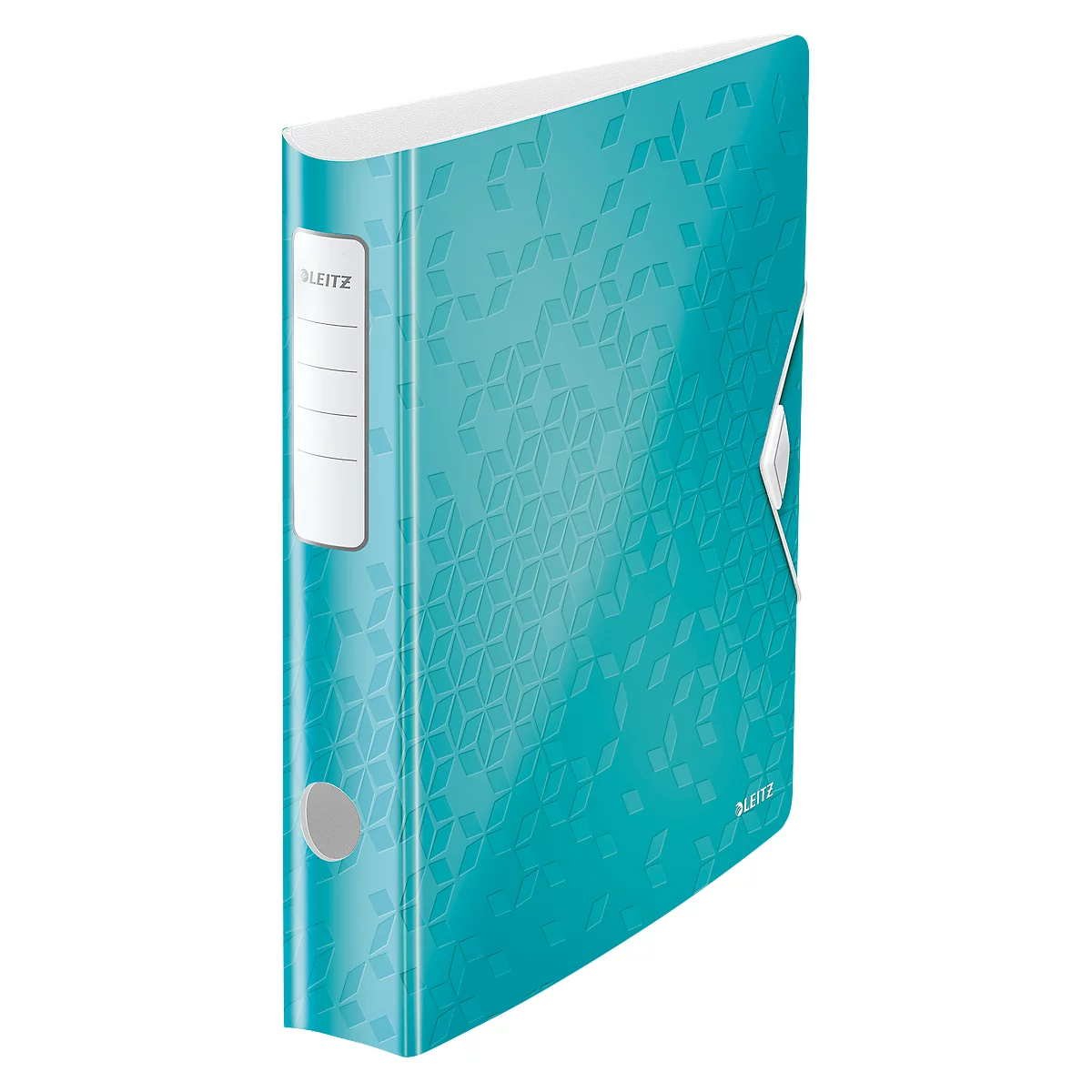 Turquoise Leitz binder with geometric pattern, white label with printing.
