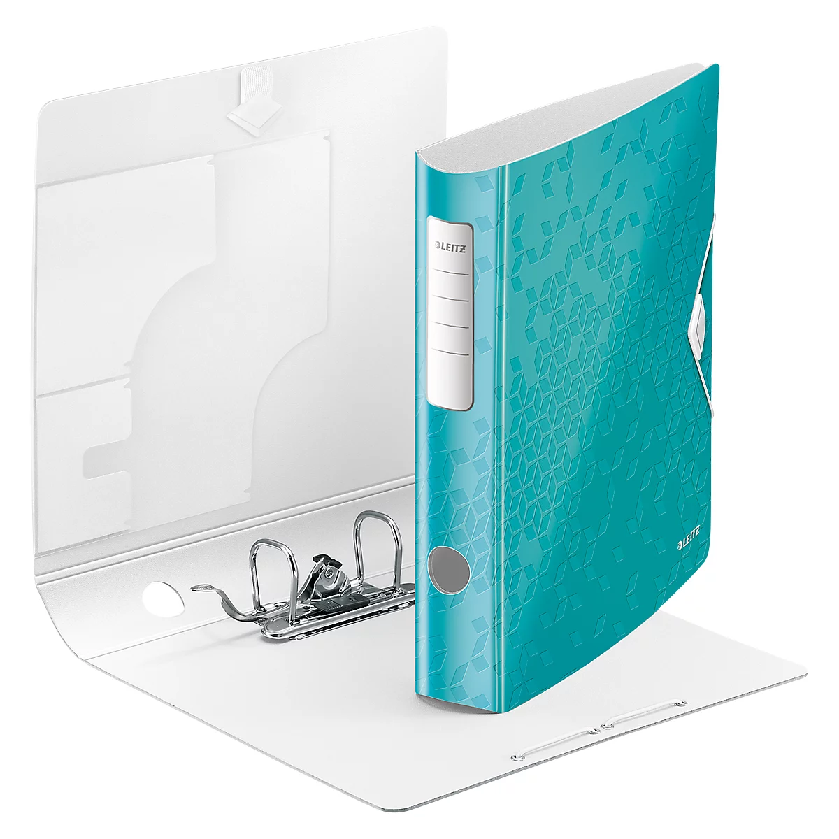 An open, turquoise folder with a white interior, dotted pattern, and metal mechanism.