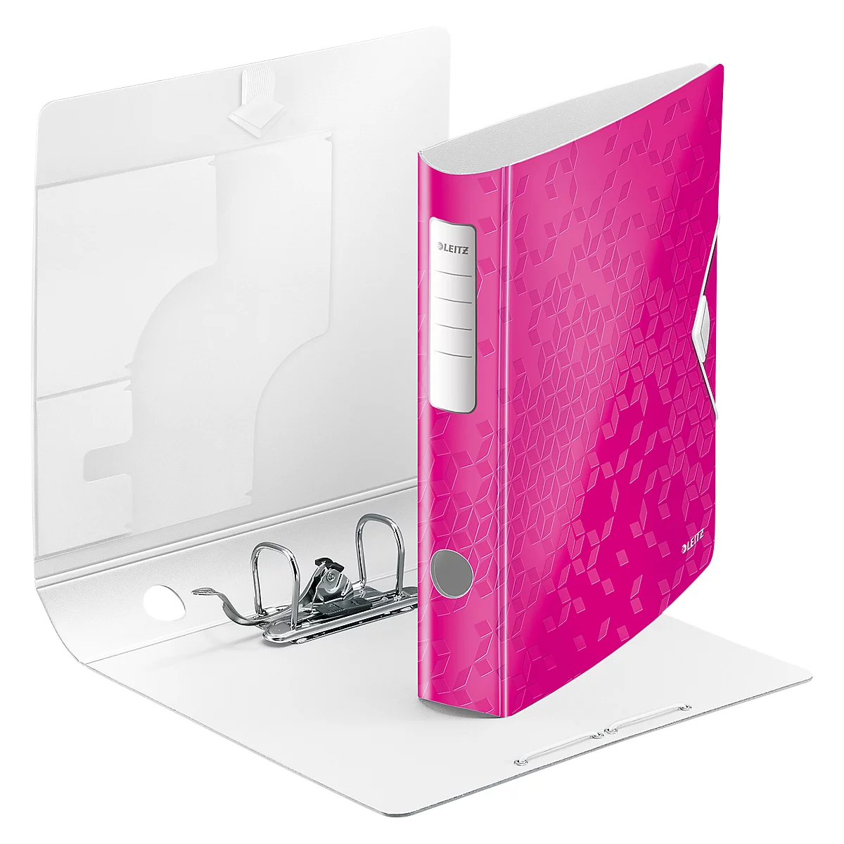 Pink patterned binder. The binder is open, showing the metal mechanism, white inside pages and an inner pocket.