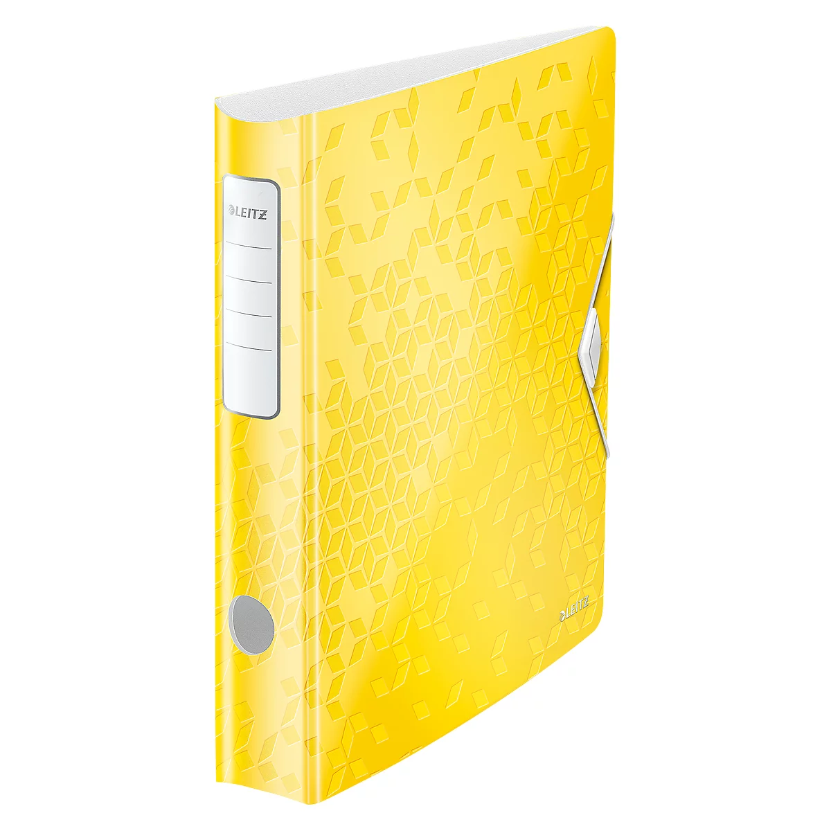Yellow patterned file folder with a white label, „LEITZ“ is written on the label.