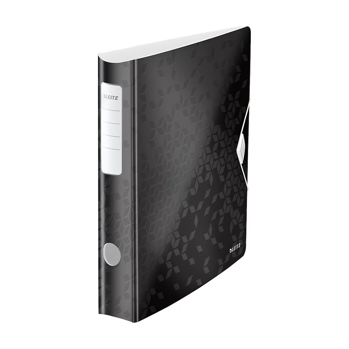 Black patterned file folder. On the spine the Leitz logo and a label field.