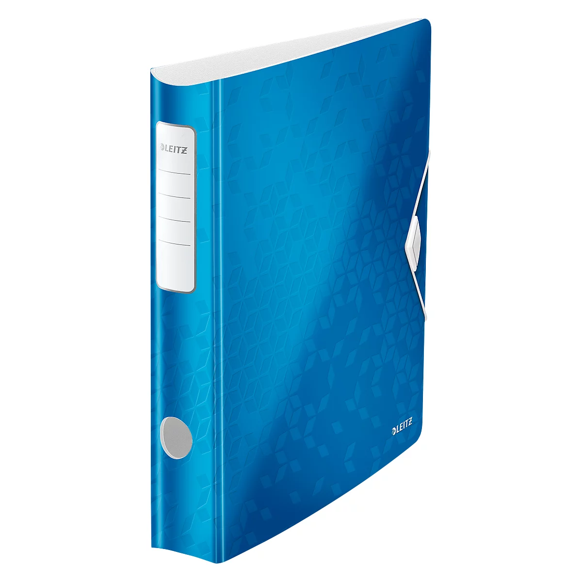 Blue binder with white accents and floral pattern, brand logo visible.