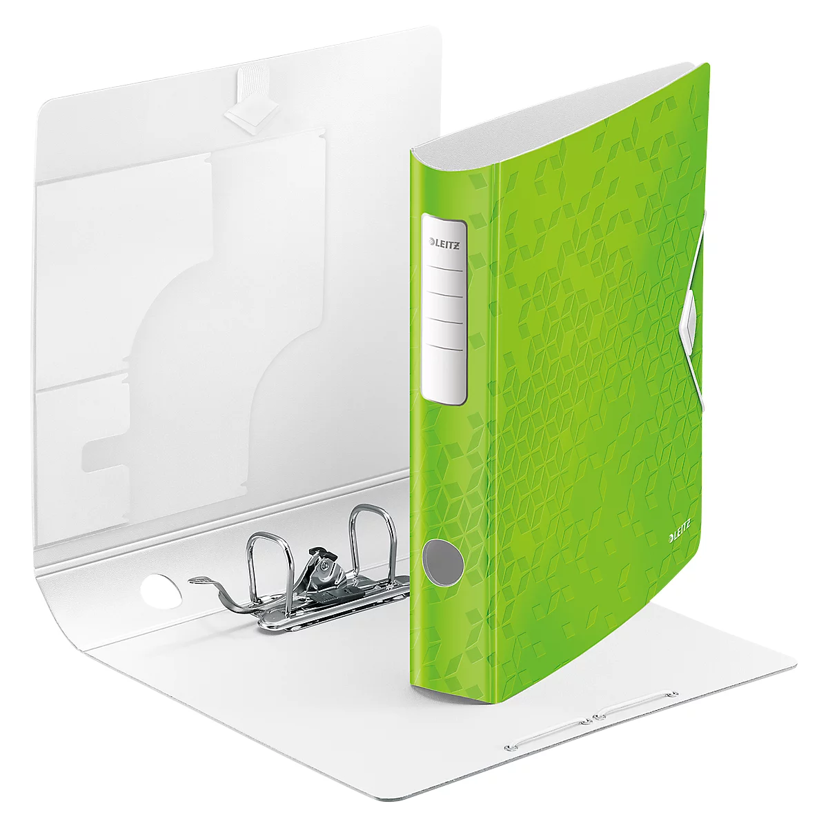 A green binder with white details. The binder is open, showing the inside, including a metal mechanism. The green part has a pattern.