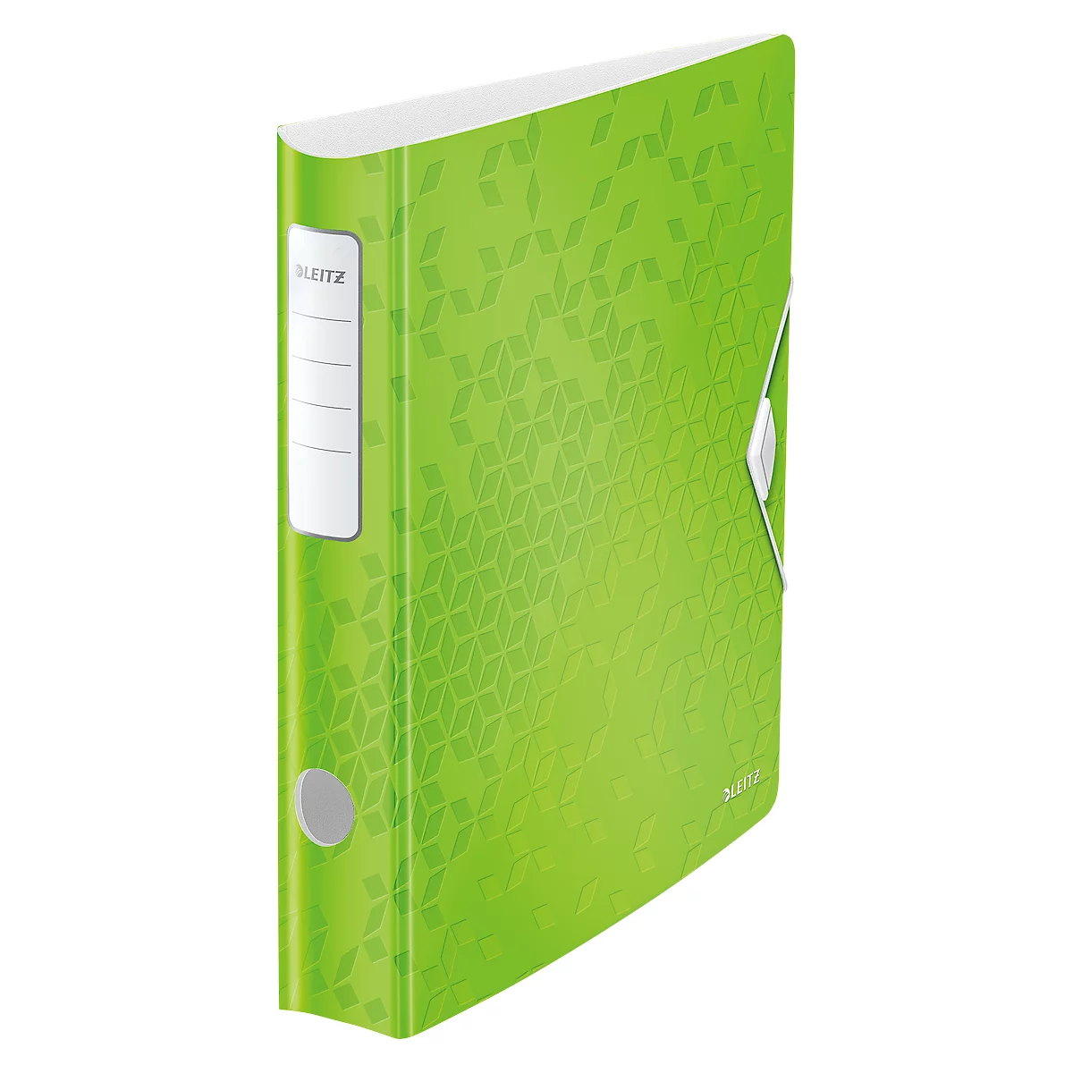 Green file folder with pattern and closure.
