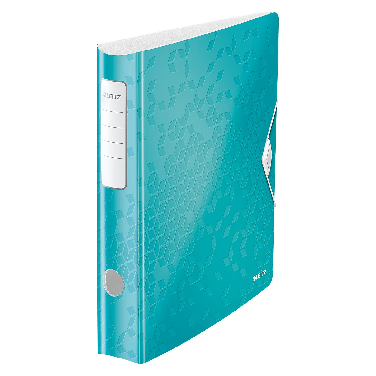 Turquoise binder with white label and geometric pattern.