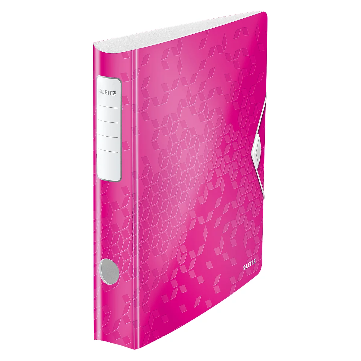 A pink file folder with a geometric pattern, the inscription "Leitz".