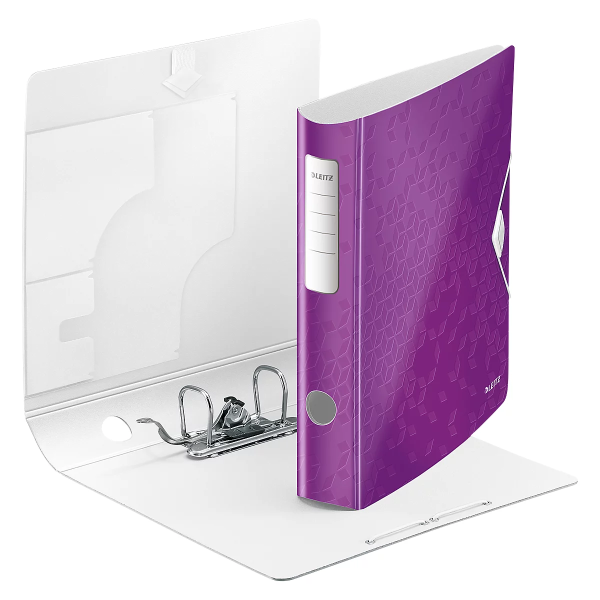 A purple binder with a white spine and floral pattern stands open on white paper.