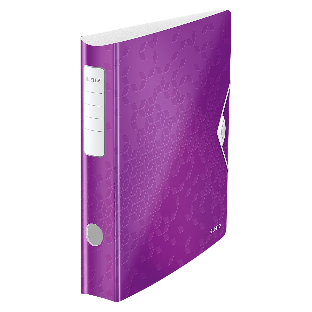 A purple binder with geometric pattern, white label and gray buttons.