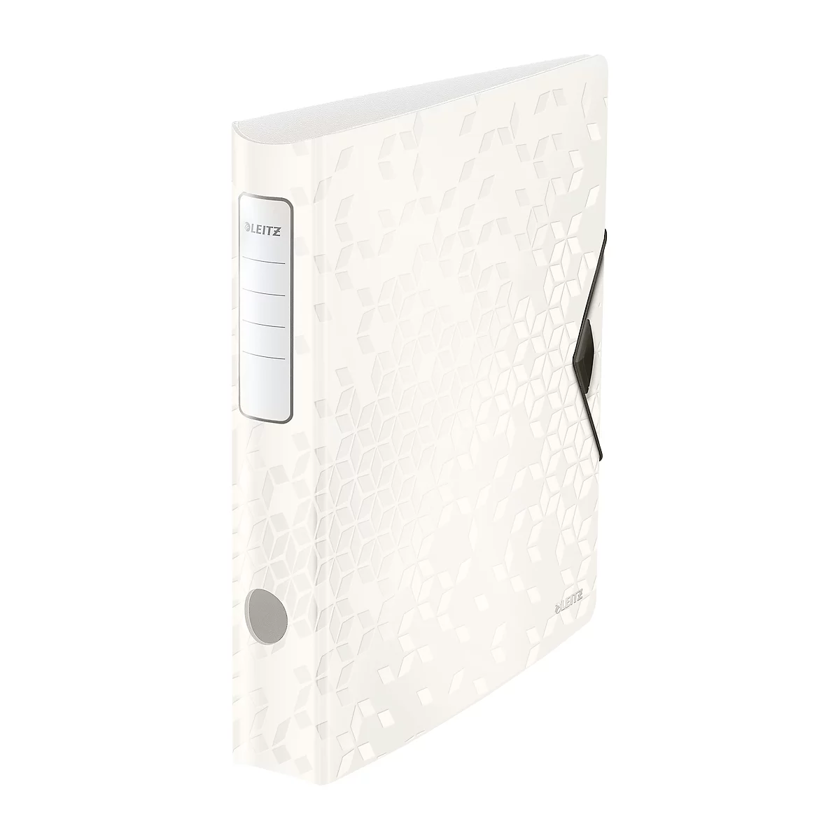 White Leitz binder with floral pattern, metal edge, label and hole.