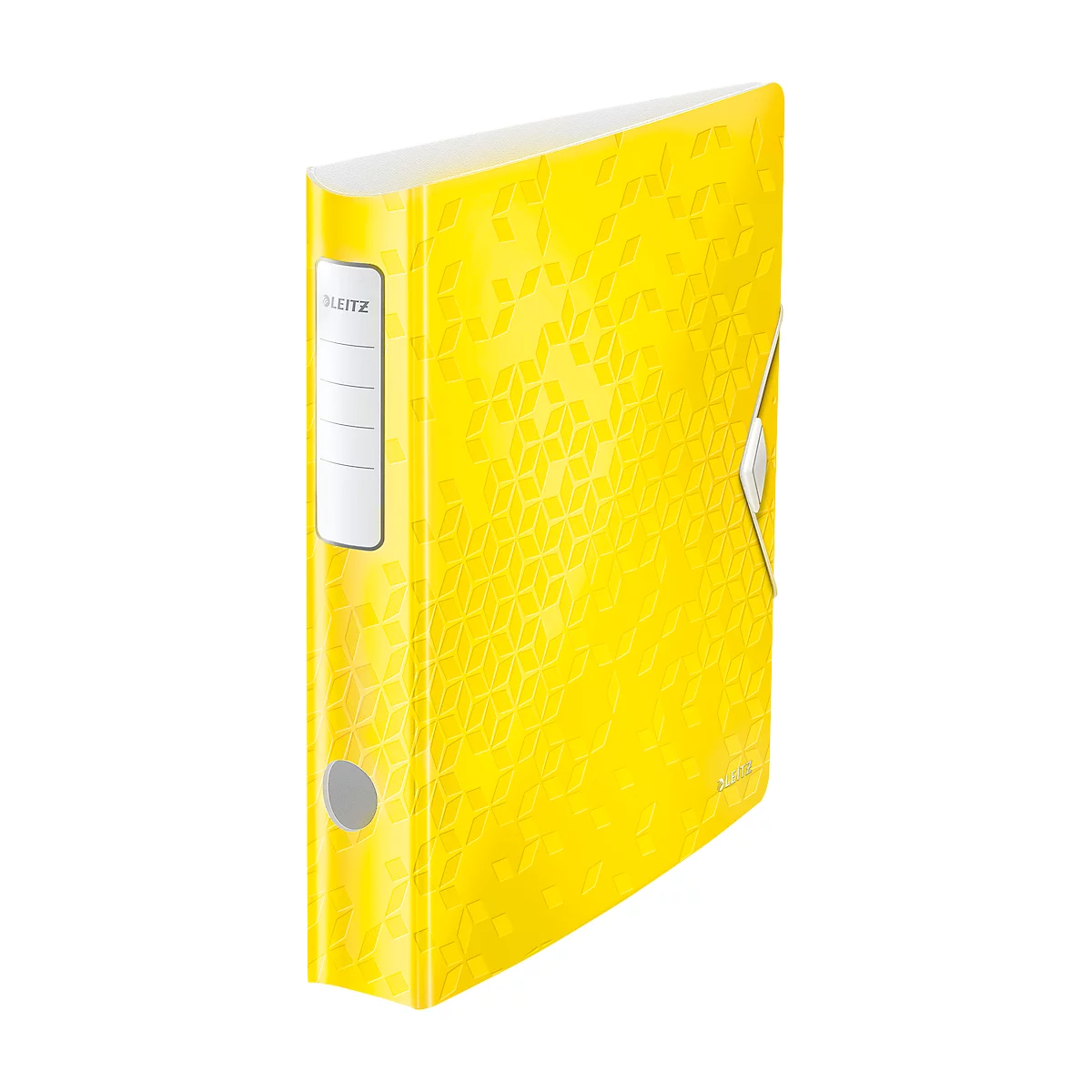 Yellow binder with floral pattern. "LEITZ" on the left. Gray-white closure.