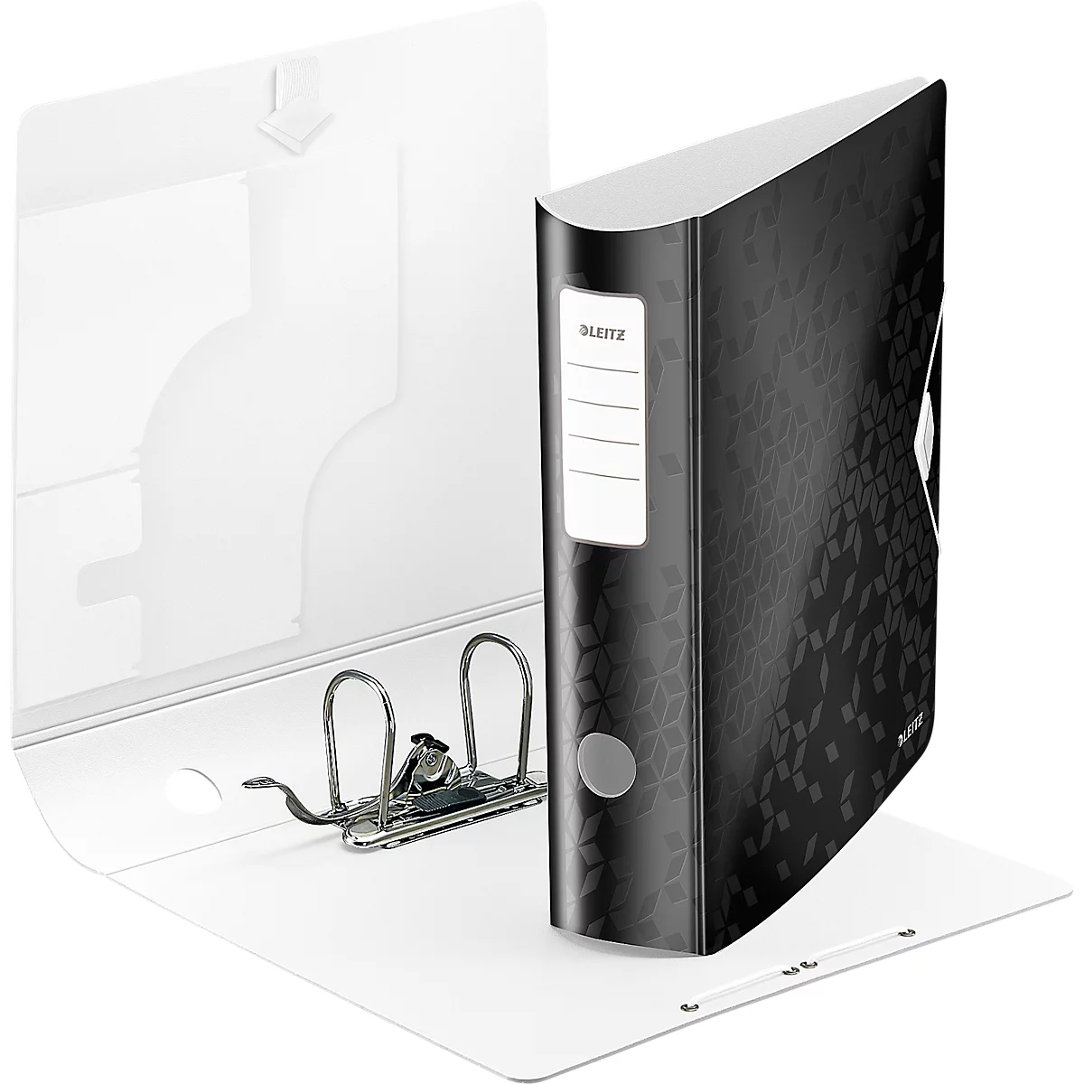 Black, floral-patterned file folder stands half-open on a white surface. The folder has a white label and a metal mechanism.