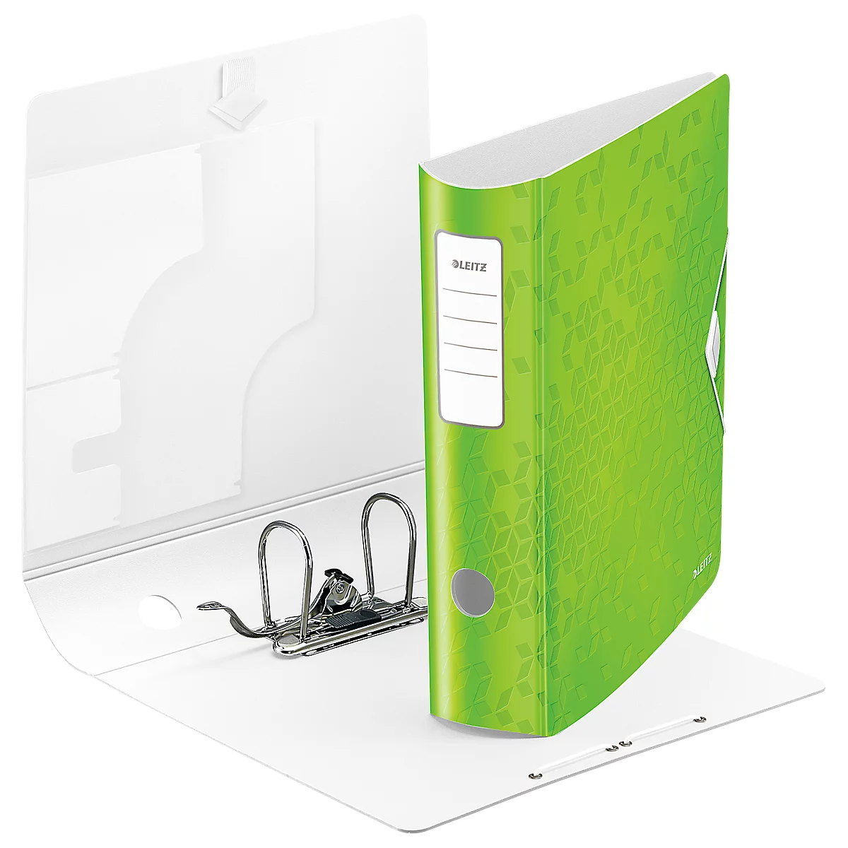 A green Leitz binder stands open on a white background. The binder is printed with leaves.