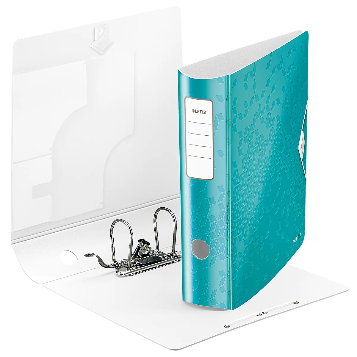 Turquoise blue binder with pattern, opened on white background. With label LEITZ, ring mechanism.