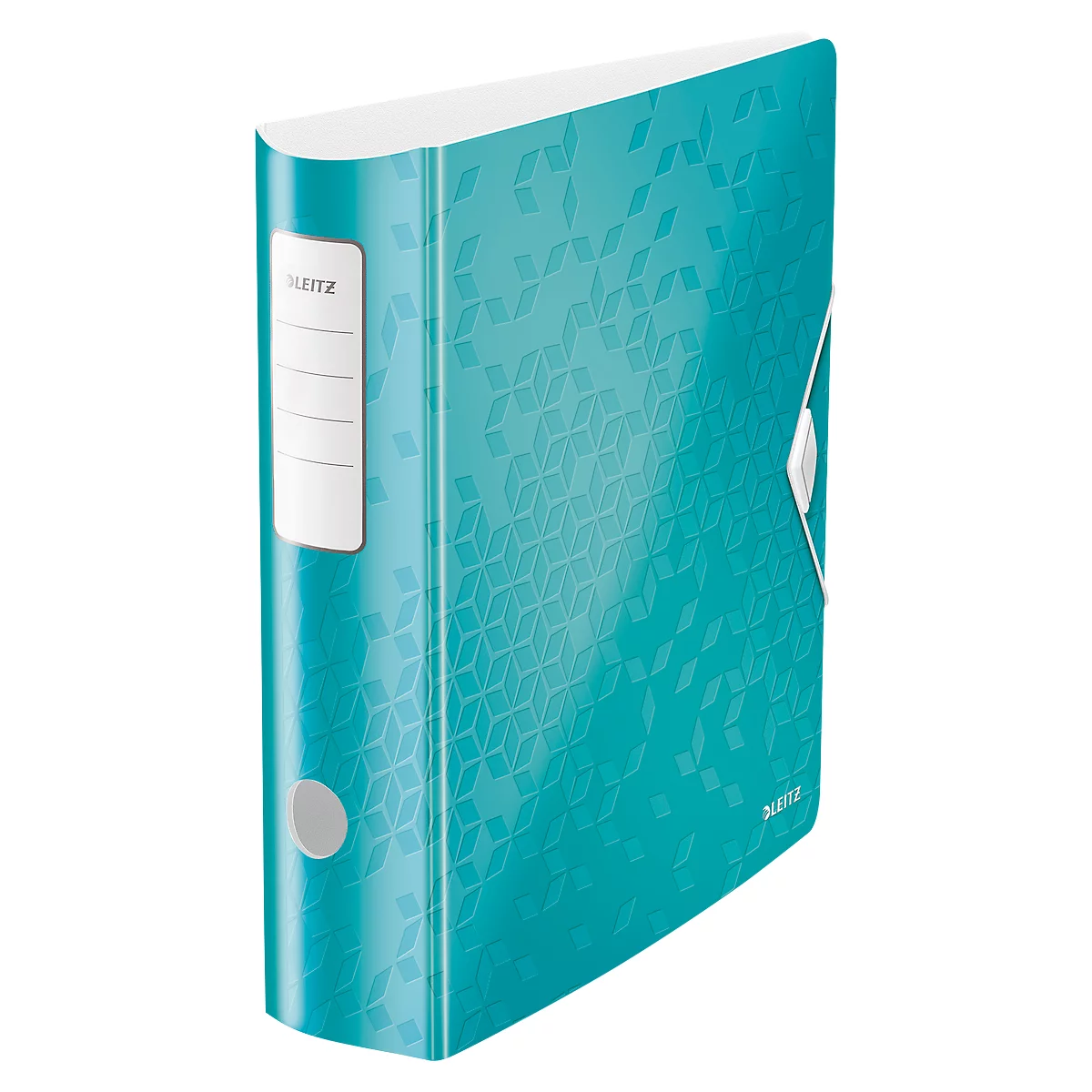Turquoise binder with white label and pattern. Brand name Leitz. Silver handle.