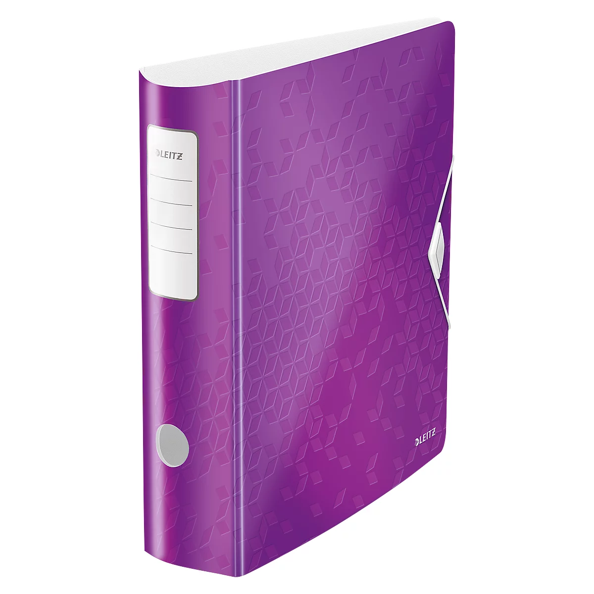 Purple patterned binder. White label and grey button on the front.