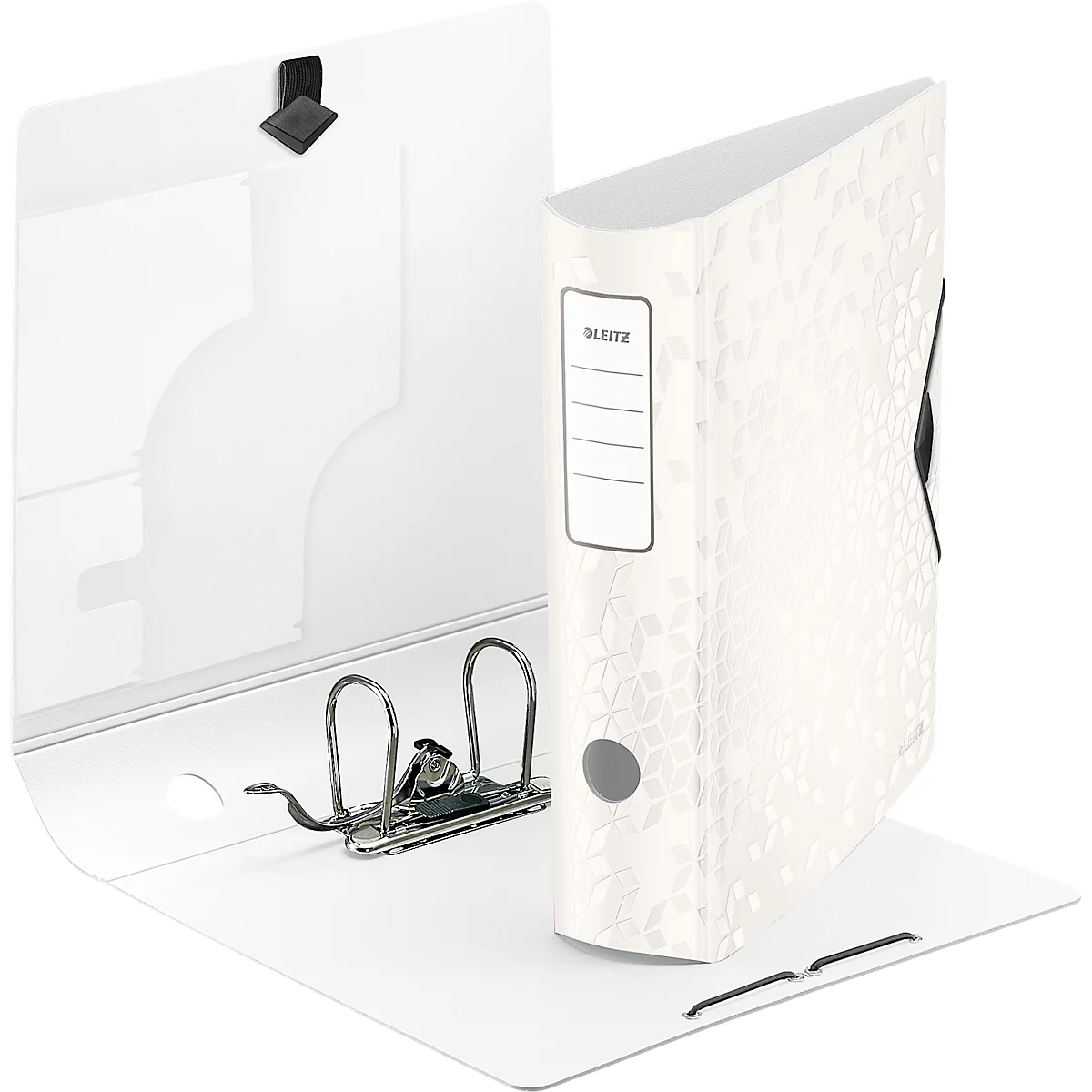 A white folder with floral pattern open on a table.