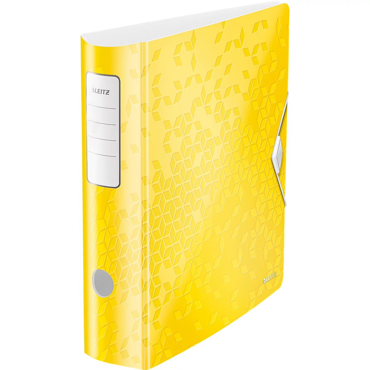 Yellow patterned binder. Print: Leitz. With silver rings.