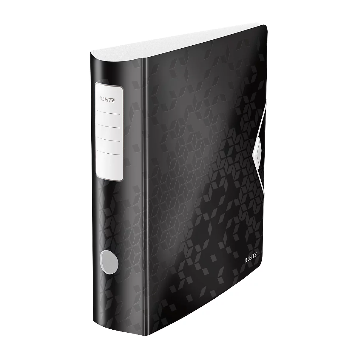 Black file folder with white spine label, pattern of repeating shapes. Brand LEITZ.