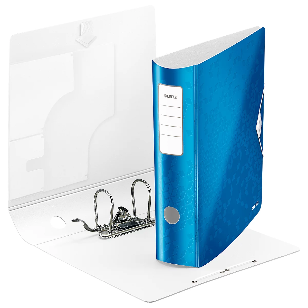 Blue binder with white spine and metal mechanism. Open, against a white background.