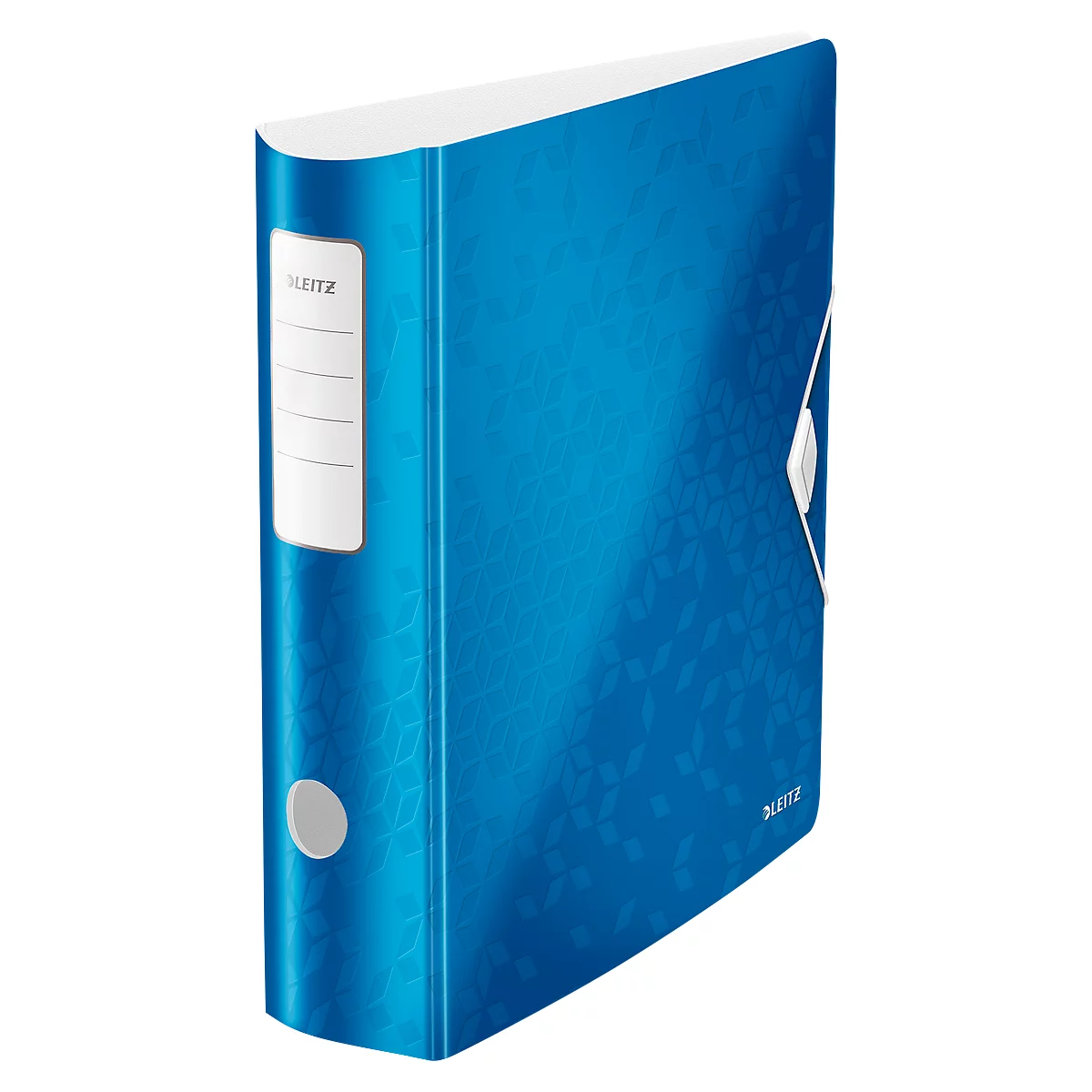 Blue Leitz binder with white label and metal clasp. Visible lettering.