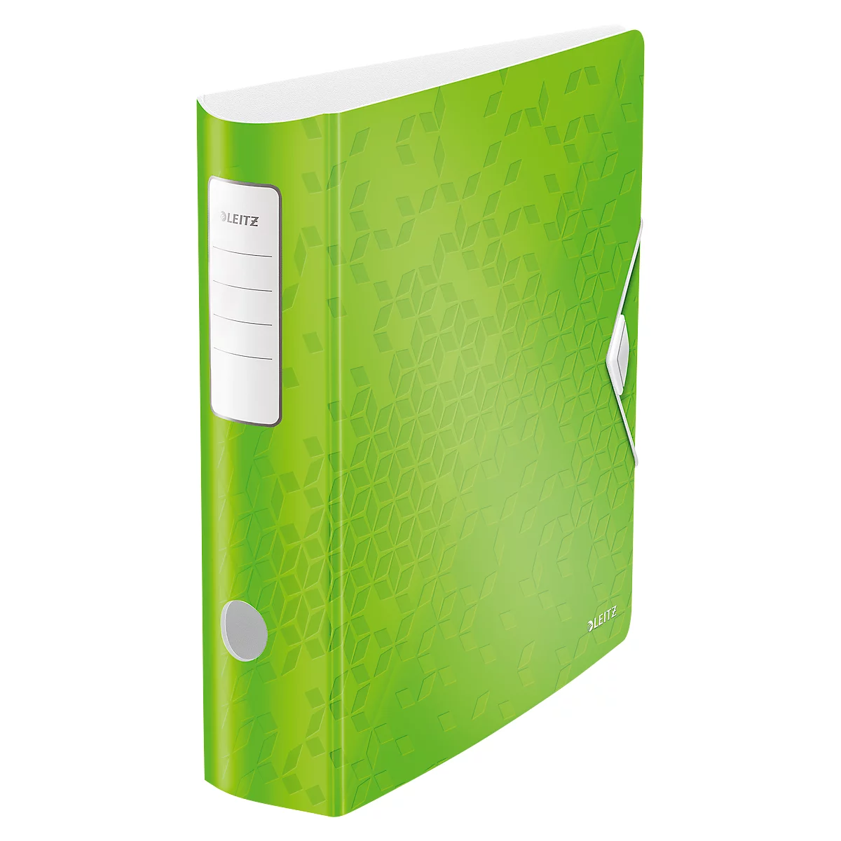 Green file folder with white label and LEITZ logo. Pattern on the surface.