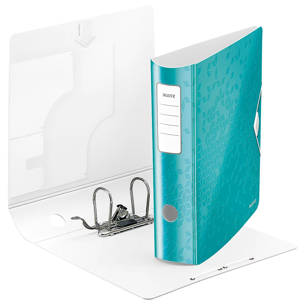 Turquoise Leitz folder, opened, with silver lever mechanism and white inside. Detail: embossed pattern.
