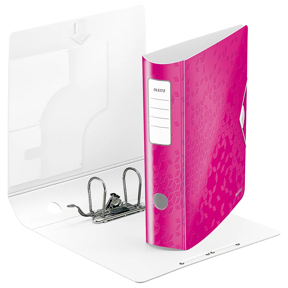 A pink file folder with a geometric pattern stands open against a white background. The Leitz logo is visible.