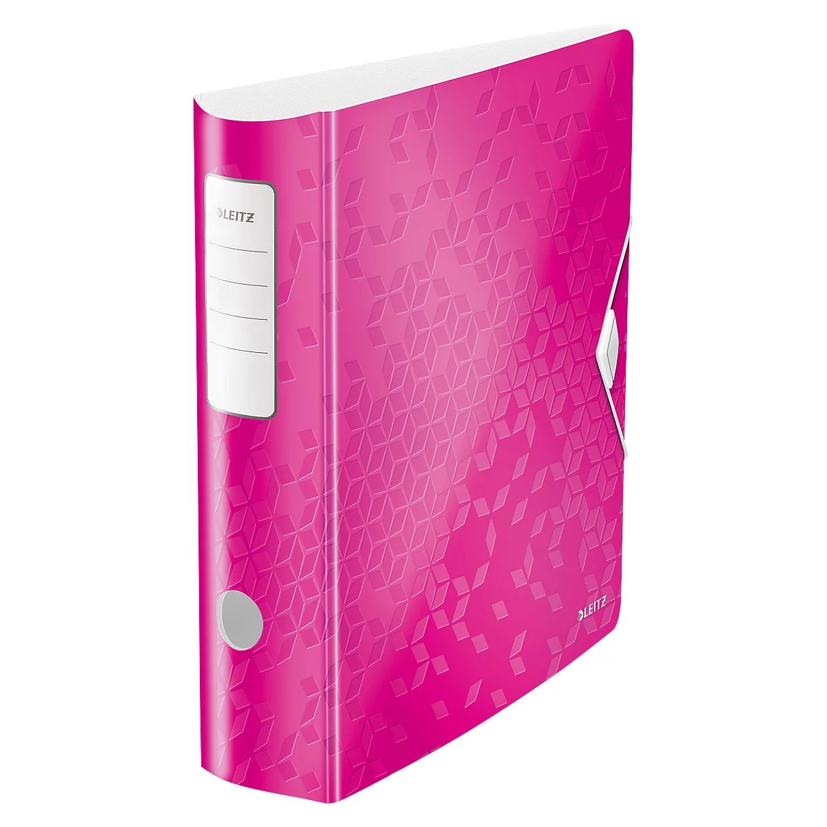 A pink Leitz binder. A white label with lines on the front. Geometric pattern. Gray closure.