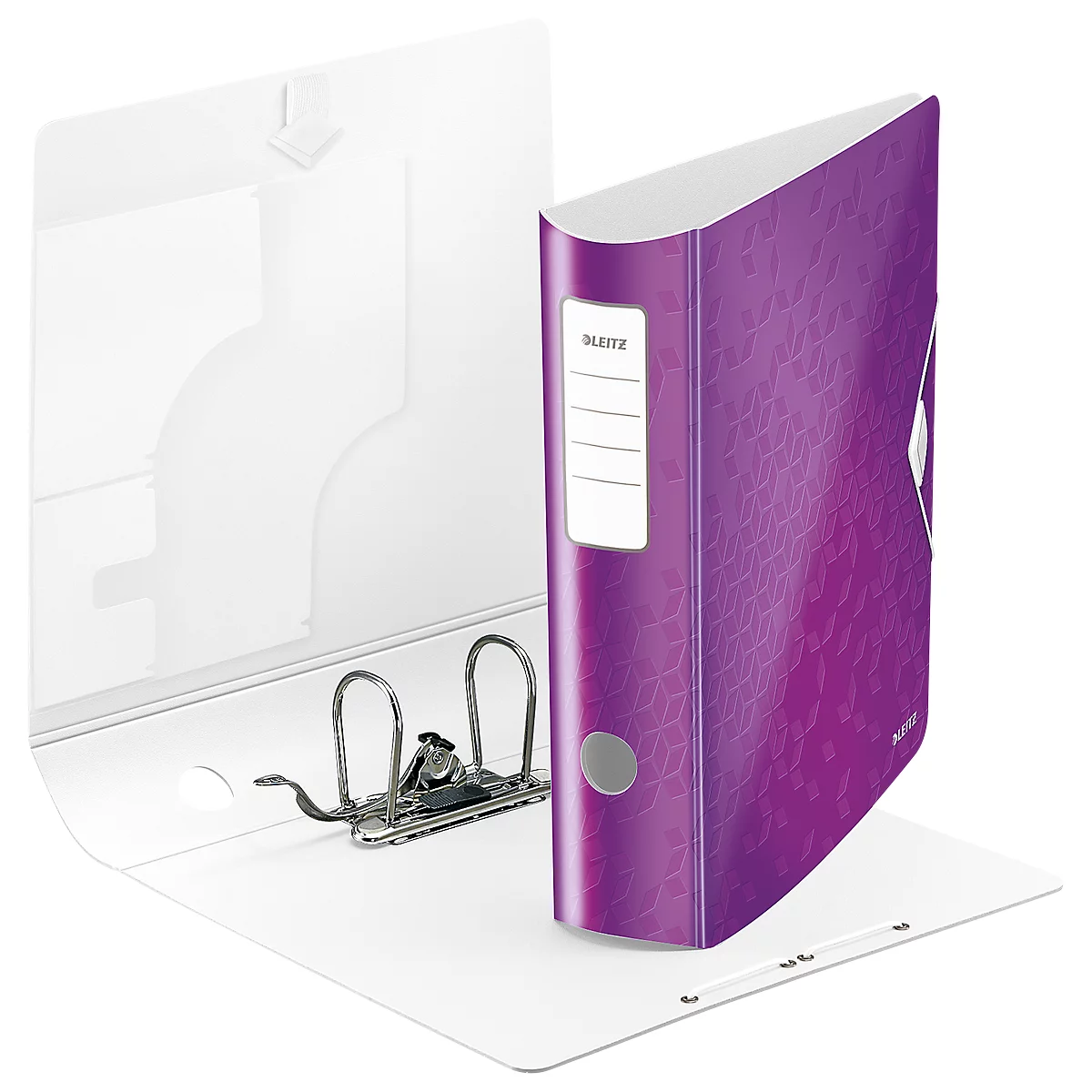 Purple ring binder with floral pattern, opened. "LEITZ" and a label on the spine. White inside pages.