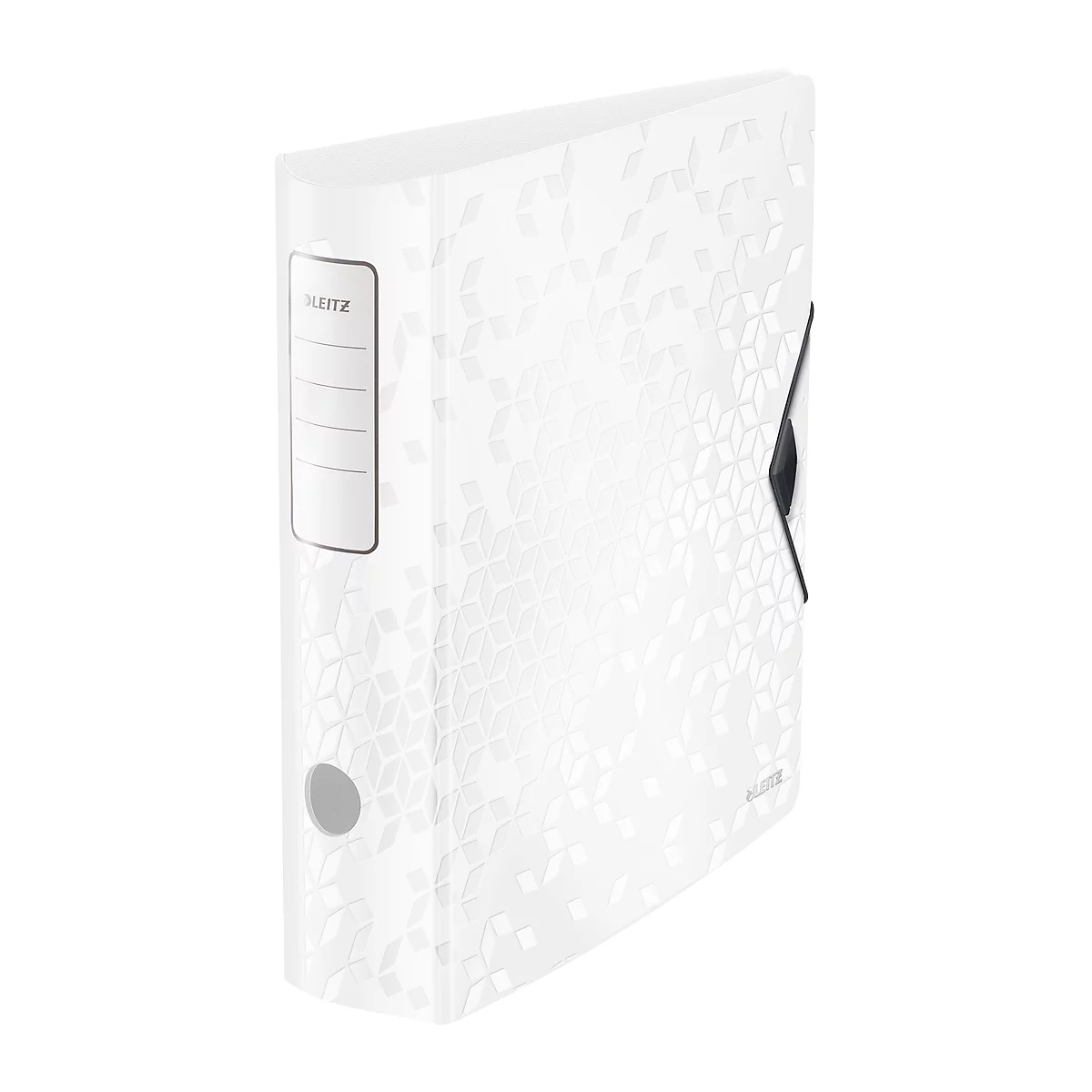 White Leitz binder with floral pattern. Labels on the spine. Black metal clasp.