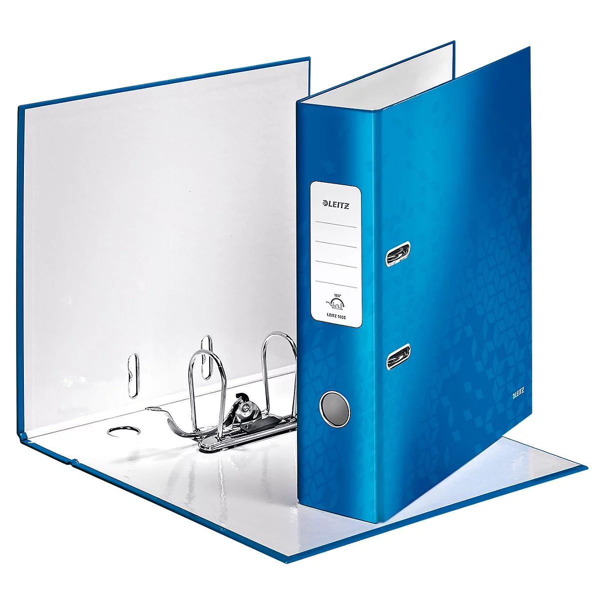 Blue binder, open, with metal lever mechanism. Label on the spine with logo and text.