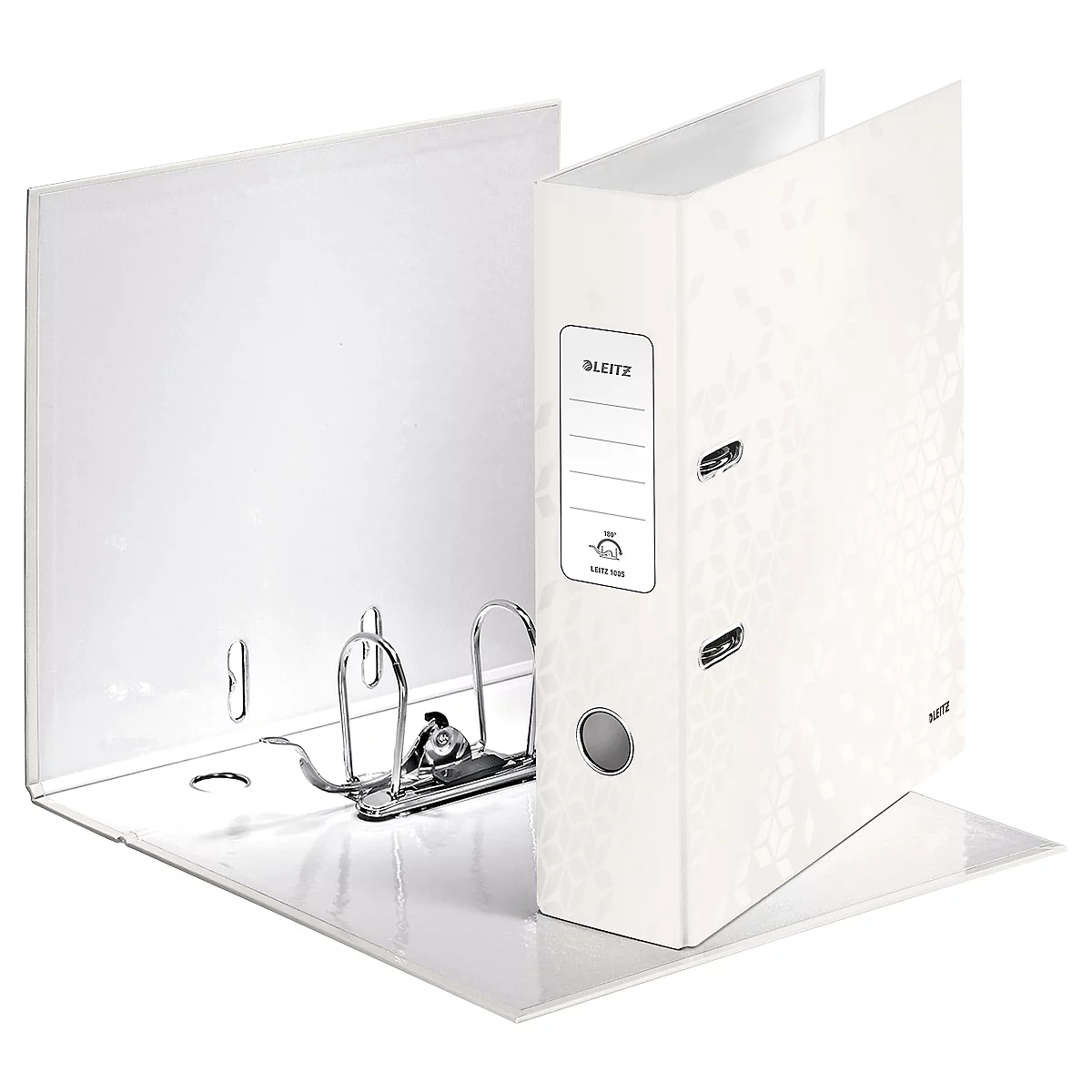 White binder with floral pattern. The folder is open, the inner workings with lever mechanism are visible.