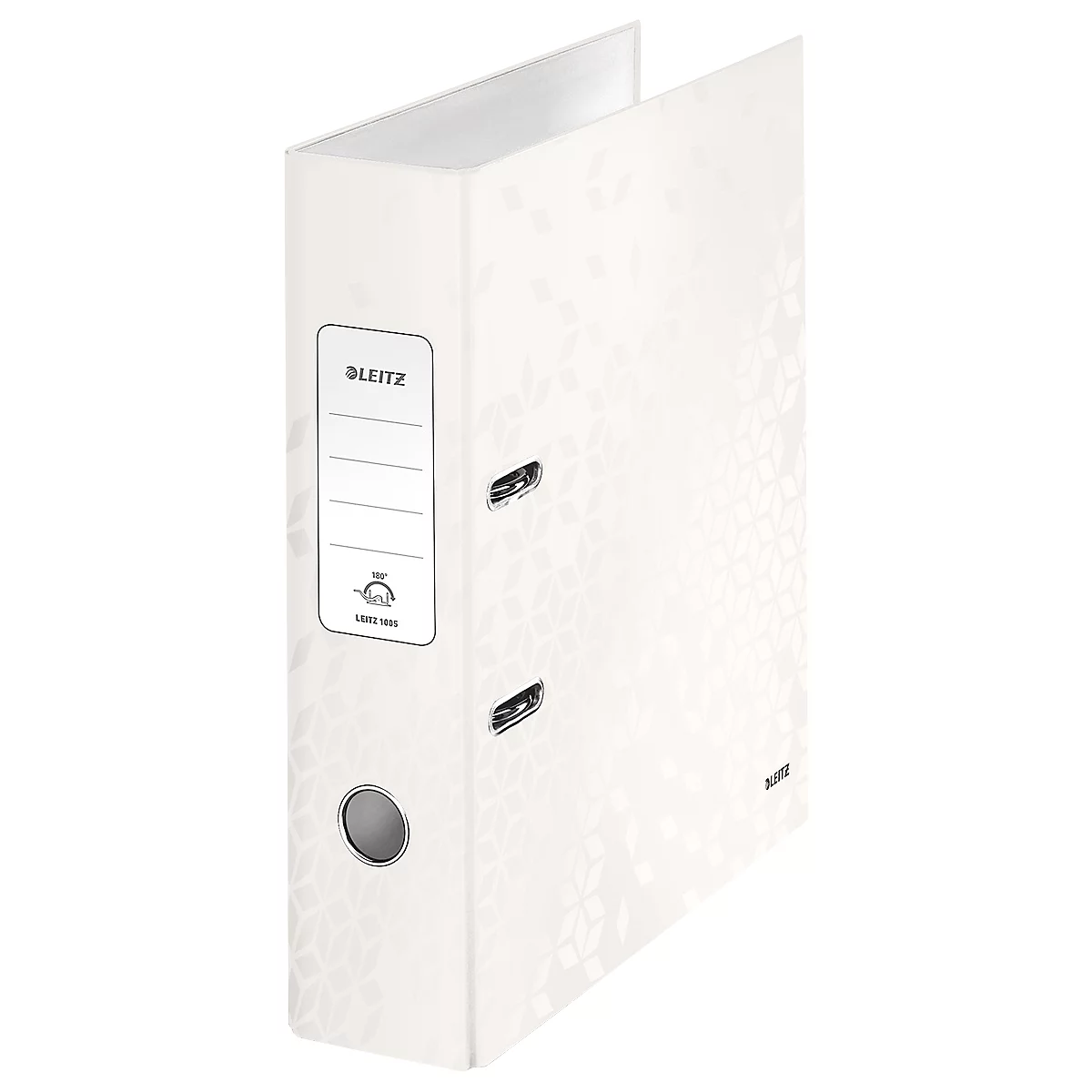 White Leitz folder with floral pattern, label with product name, hole and metal clips.