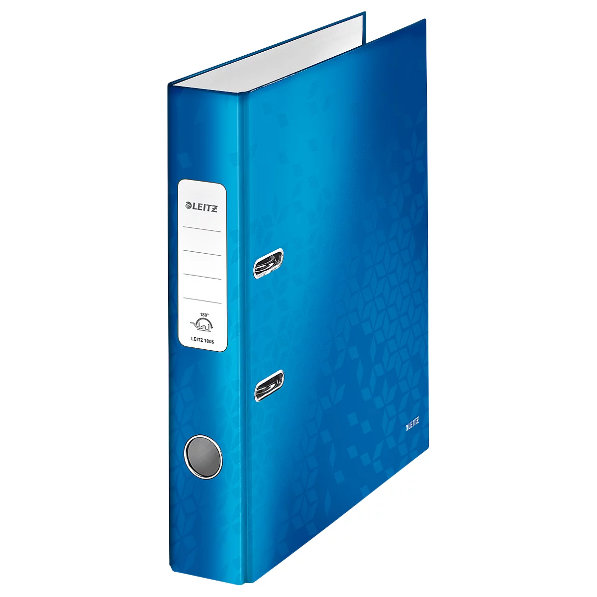 Blue file folder with floral pattern and Leitz logo.